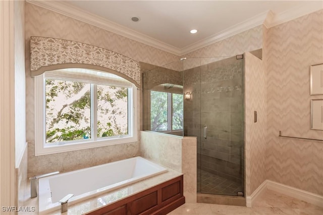 bathroom with independent shower and bath and ornamental molding