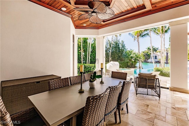 dining area featuring crown molding, ceiling fan, a wealth of natural light, and wooden ceiling