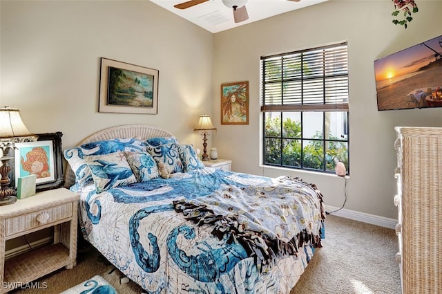 carpeted bedroom featuring ceiling fan