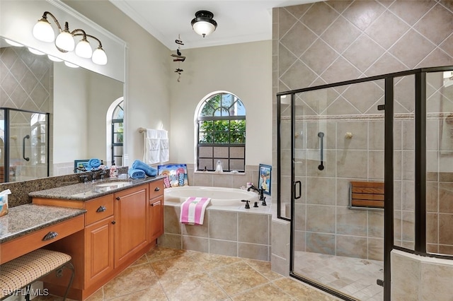 bathroom featuring tile patterned flooring, shower with separate bathtub, vanity, and crown molding