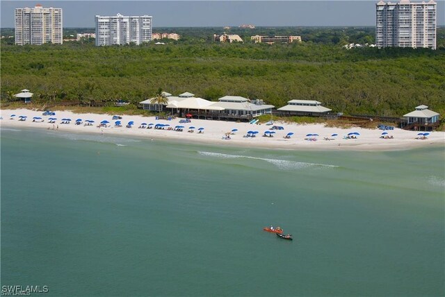 aerial view with a water view and a beach view