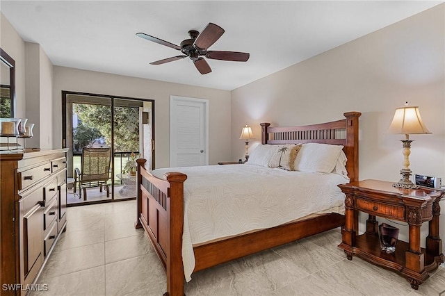 bedroom with access to exterior, ceiling fan, a closet, and light tile patterned floors