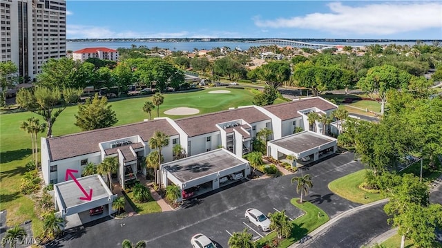 bird's eye view with a water view