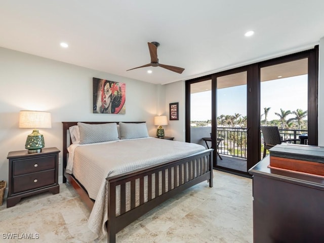 bedroom featuring ceiling fan, floor to ceiling windows, and access to outside