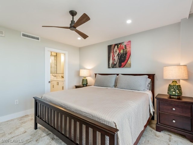 bedroom featuring connected bathroom and ceiling fan