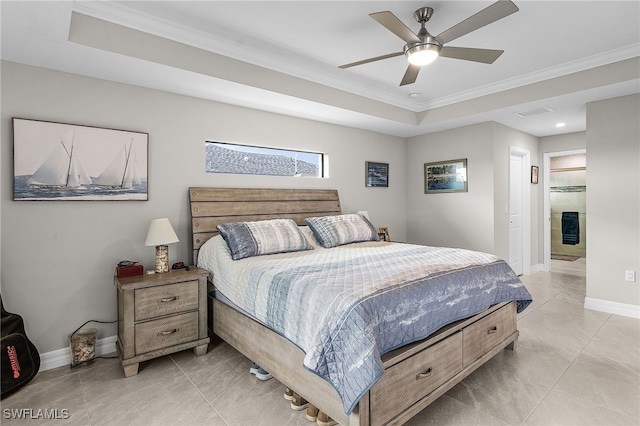 bedroom with light tile patterned floors, ensuite bathroom, ceiling fan, and crown molding