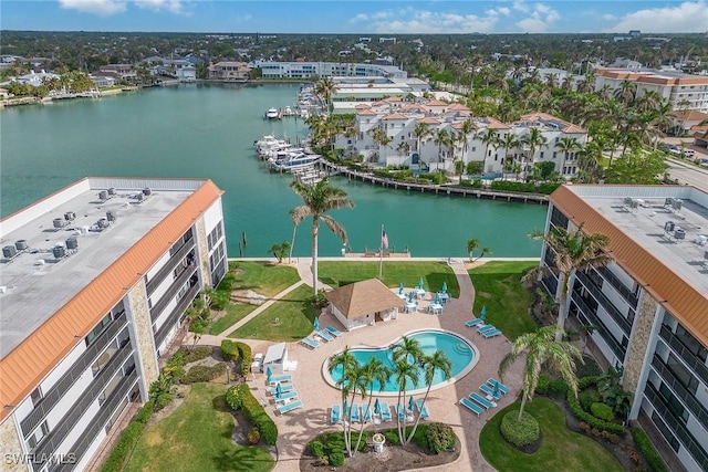 aerial view featuring a water view