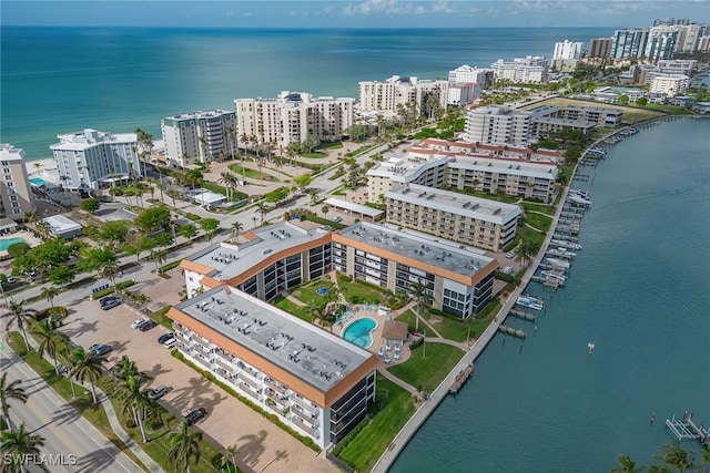 bird's eye view with a water view