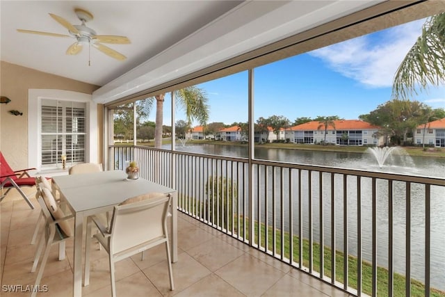 sunroom / solarium with a water view, ceiling fan, and lofted ceiling