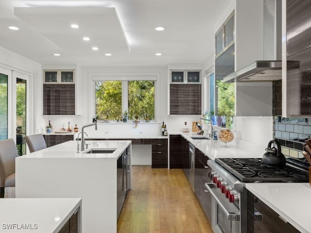 kitchen with wall chimney range hood, an island with sink, stainless steel appliances, and sink