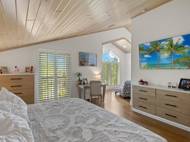 bedroom with lofted ceiling, dark hardwood / wood-style floors, and wood ceiling