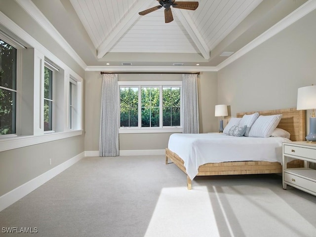 carpeted bedroom with beamed ceiling, ceiling fan, wooden ceiling, and high vaulted ceiling