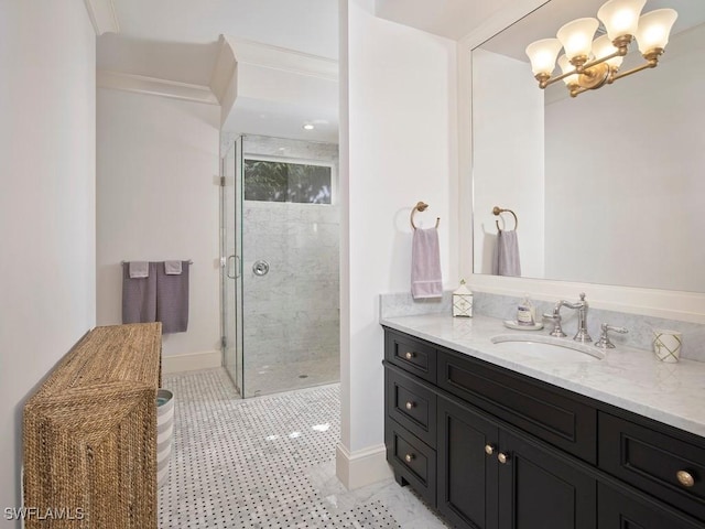 bathroom with vanity, crown molding, walk in shower, and an inviting chandelier