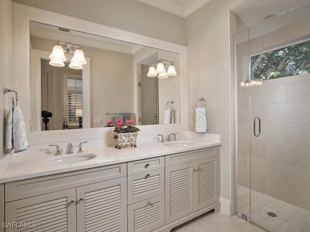 bathroom featuring vanity, a chandelier, and walk in shower