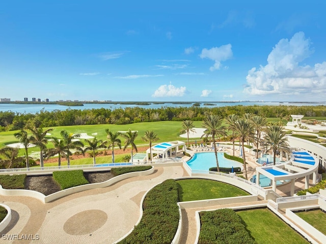 view of pool featuring a water view