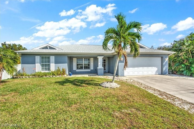 ranch-style house with a front yard and a garage