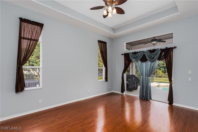 empty room featuring a tray ceiling, a wealth of natural light, and hardwood / wood-style flooring