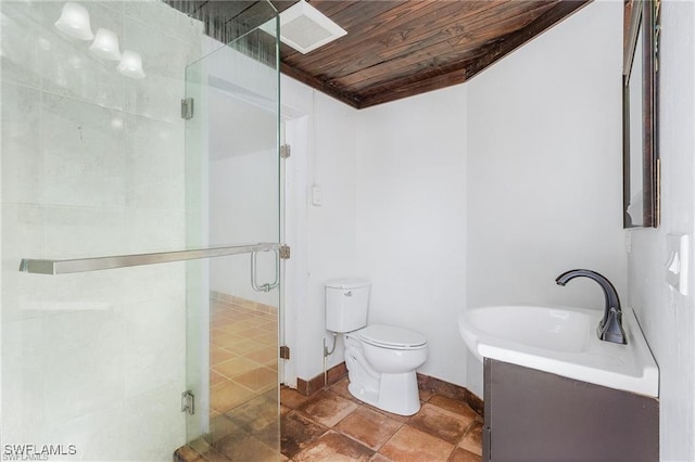 bathroom featuring vanity, toilet, wood ceiling, and a shower with shower door