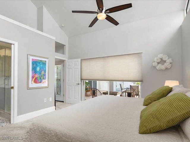 bedroom with ceiling fan, high vaulted ceiling, and ensuite bathroom