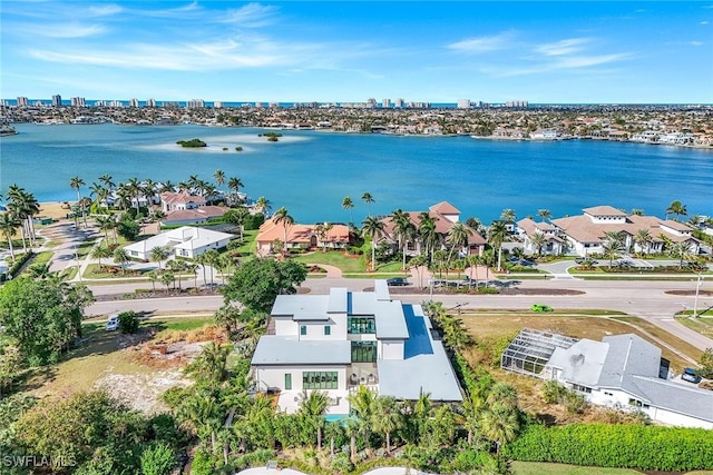 drone / aerial view with a water view