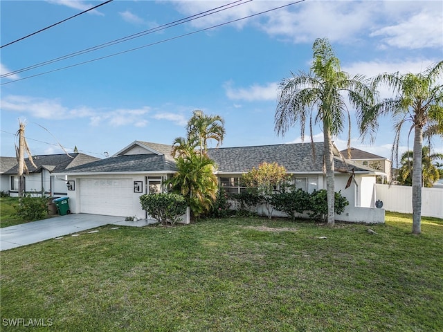 ranch-style home with a garage and a front yard