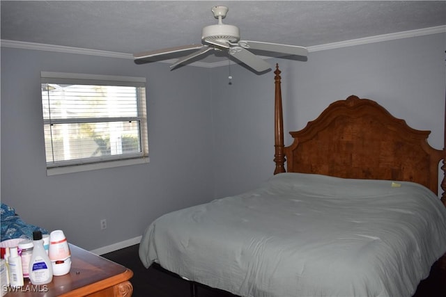 bedroom with ceiling fan and ornamental molding