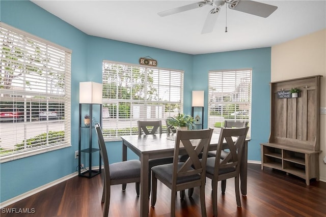 dining area with dark hardwood / wood-style flooring, a wealth of natural light, and ceiling fan