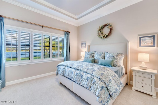 bedroom featuring light colored carpet and crown molding