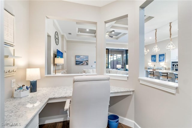 dining area featuring coffered ceiling, ornamental molding, beamed ceiling, a notable chandelier, and dark hardwood / wood-style flooring