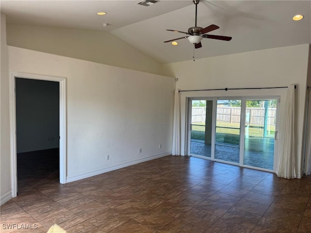 spare room with ceiling fan and lofted ceiling