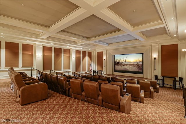 cinema with beam ceiling, light colored carpet, ornamental molding, and coffered ceiling