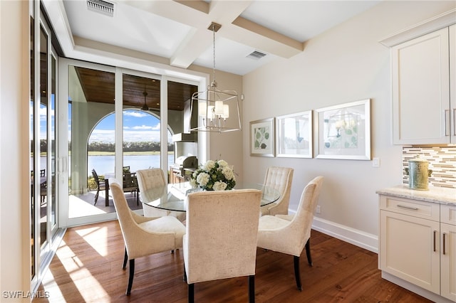 dining space with coffered ceiling, an inviting chandelier, a water view, beamed ceiling, and wood-type flooring