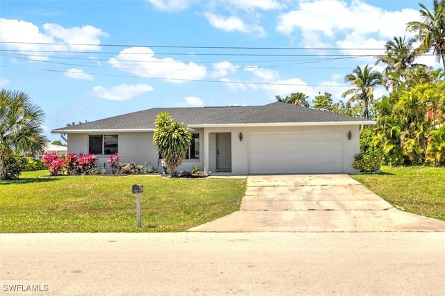 ranch-style house with a front lawn and a garage