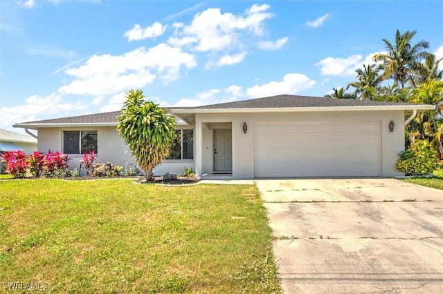 single story home with a garage and a front yard