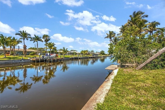 property view of water with a dock