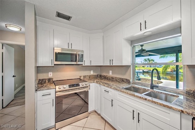 kitchen featuring white cabinetry, ceiling fan, sink, stainless steel appliances, and a water view