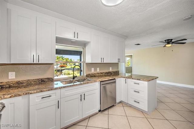 kitchen featuring kitchen peninsula, white cabinetry, and stainless steel dishwasher