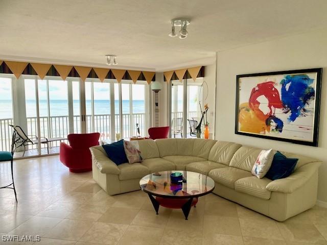 living room with a water view