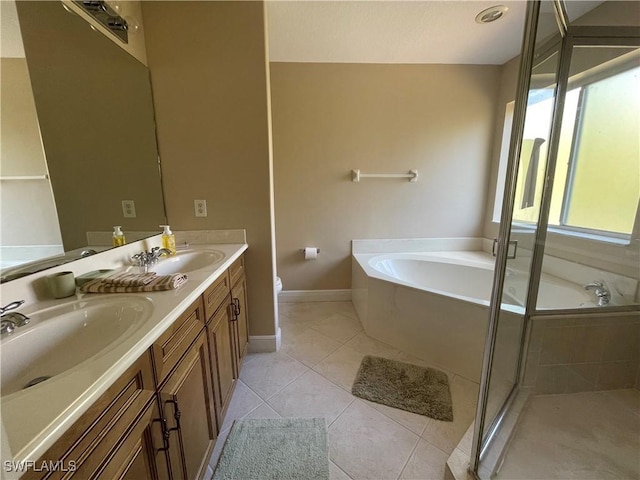 full bathroom featuring plus walk in shower, tile patterned flooring, vanity, and toilet