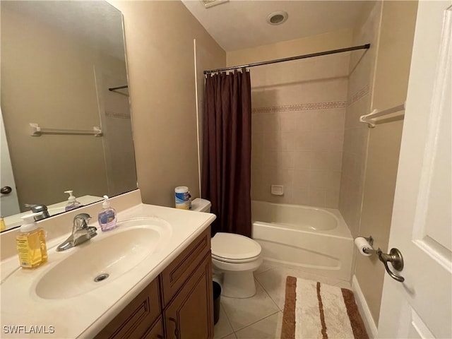 full bathroom with vanity, tile patterned flooring, shower / bathtub combination with curtain, and toilet