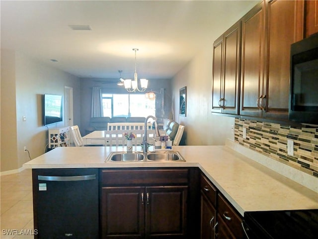 kitchen featuring sink, stainless steel dishwasher, tasteful backsplash, kitchen peninsula, and a chandelier