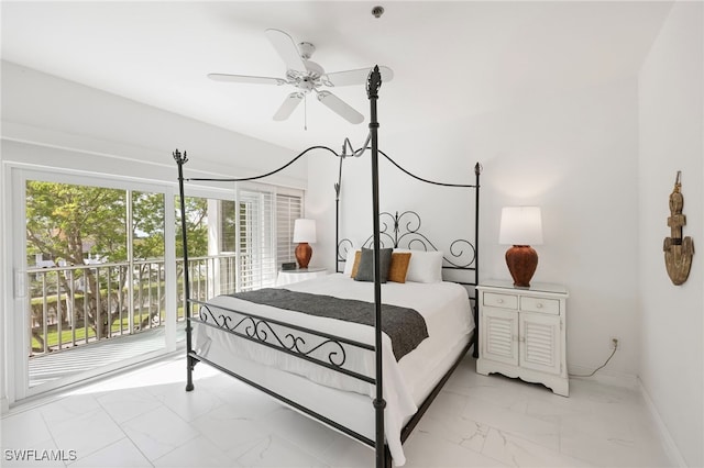 bedroom with ceiling fan, access to outside, and multiple windows