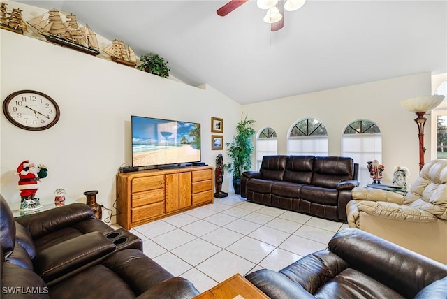 tiled living room featuring vaulted ceiling and ceiling fan