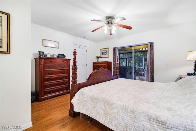 bedroom with ceiling fan, access to outside, and light hardwood / wood-style flooring