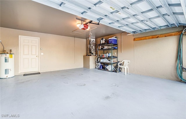 garage with electric water heater and a garage door opener