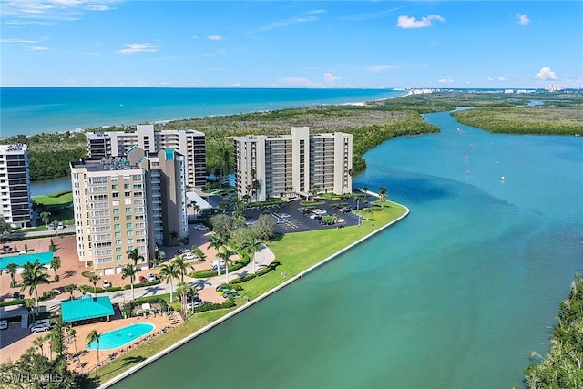 drone / aerial view featuring a water view