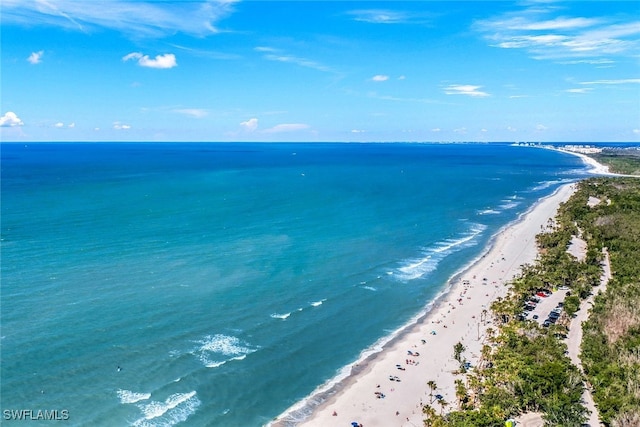 bird's eye view with a water view and a beach view