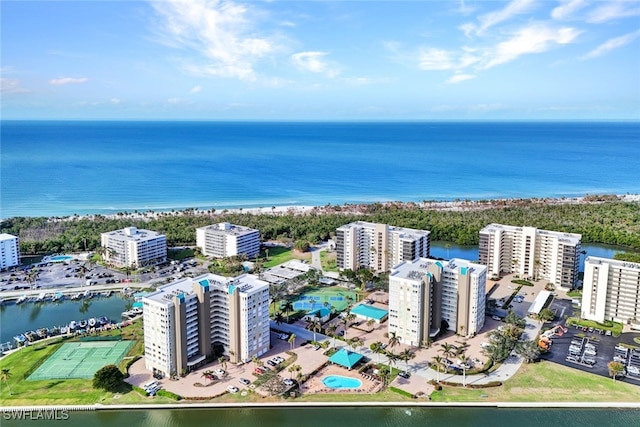 bird's eye view with a water view