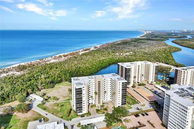 aerial view featuring a view of the beach and a water view