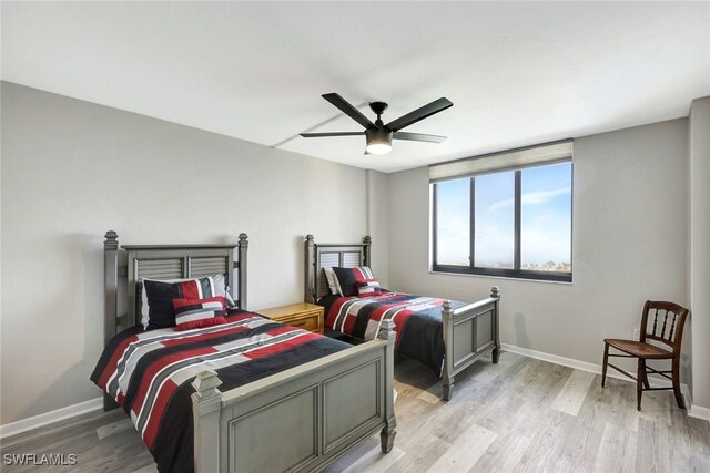 bedroom with ceiling fan and light hardwood / wood-style floors